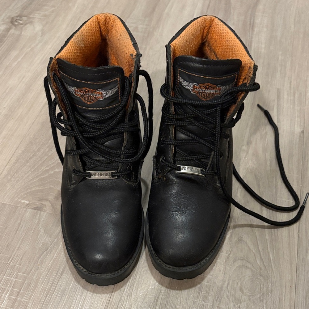 Harley-Davidson Women's Black Leather Heeled Boots With Orange Interior - Picture 2 of 8